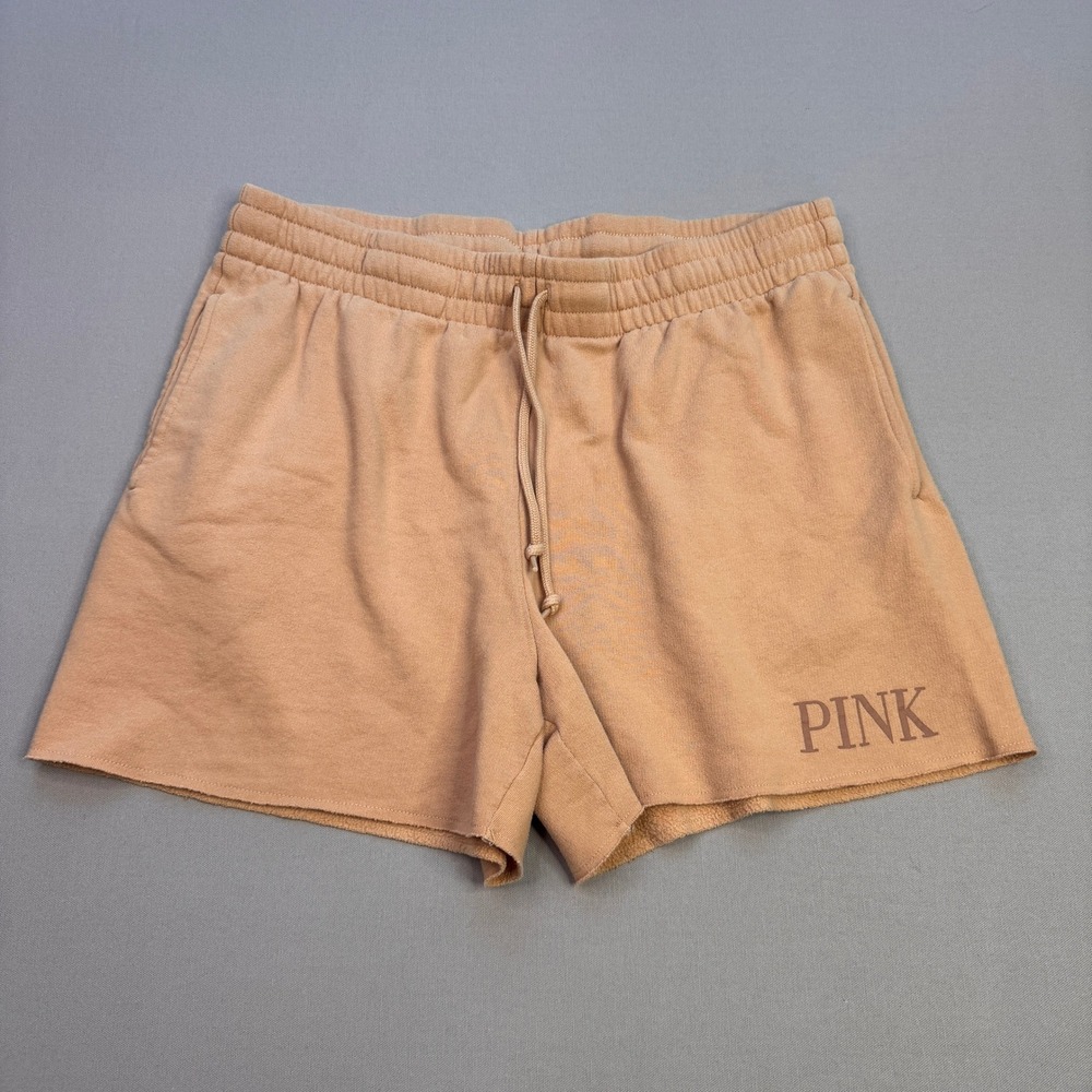PINK Victorias Secret Fleece Lounge Shorts Tan Camel Logo Raw Hem Large